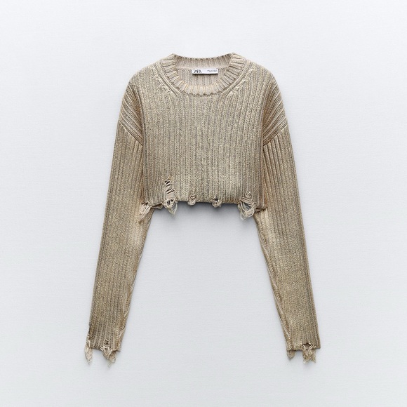 Zara FOIL KNIT CROP SWEATER Cream Distressed Knit Sweater - Picture 2 of 2